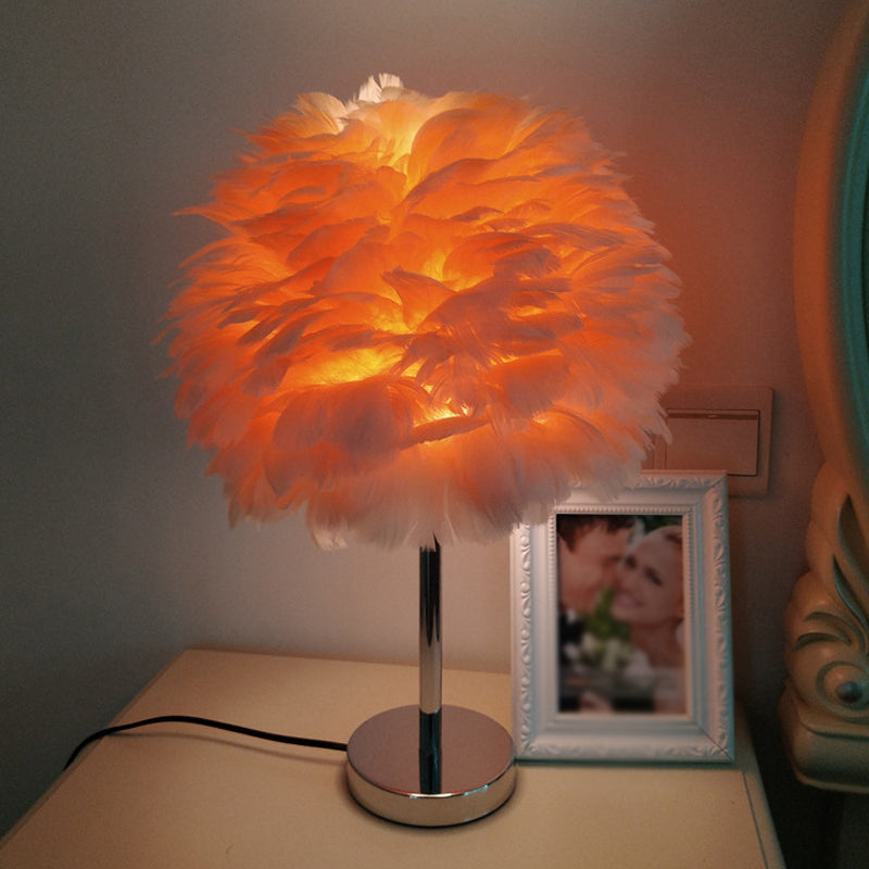 Feathered Modern Artichoke Plug-In Table Light: 1 Light Girls Room Nightstand Lamp (Pink/Grey/White)