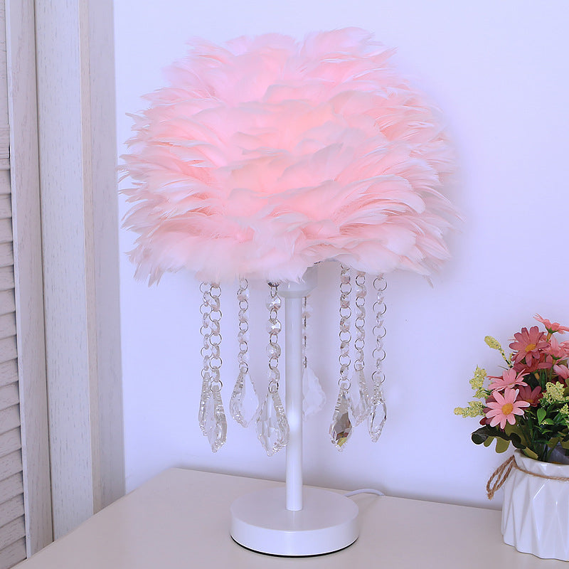 Modern Hemisphere Feather Table Lamp With Crystal Ball And Night Light - Grey/White/Pink Pink / A