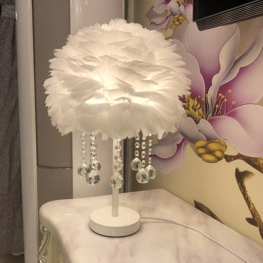 Modern Hemisphere Feather Table Lamp With Crystal Ball And Night Light - Grey/White/Pink White / B