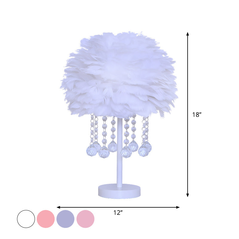 Modern Hemisphere Feather Table Lamp With Crystal Ball And Night Light - Grey/White/Pink