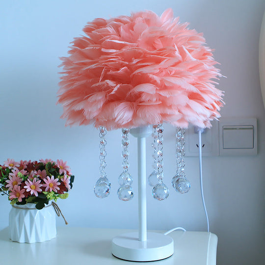 Modern Hemisphere Feather Table Lamp With Crystal Ball And Night Light - Grey/White/Pink Apricot / B