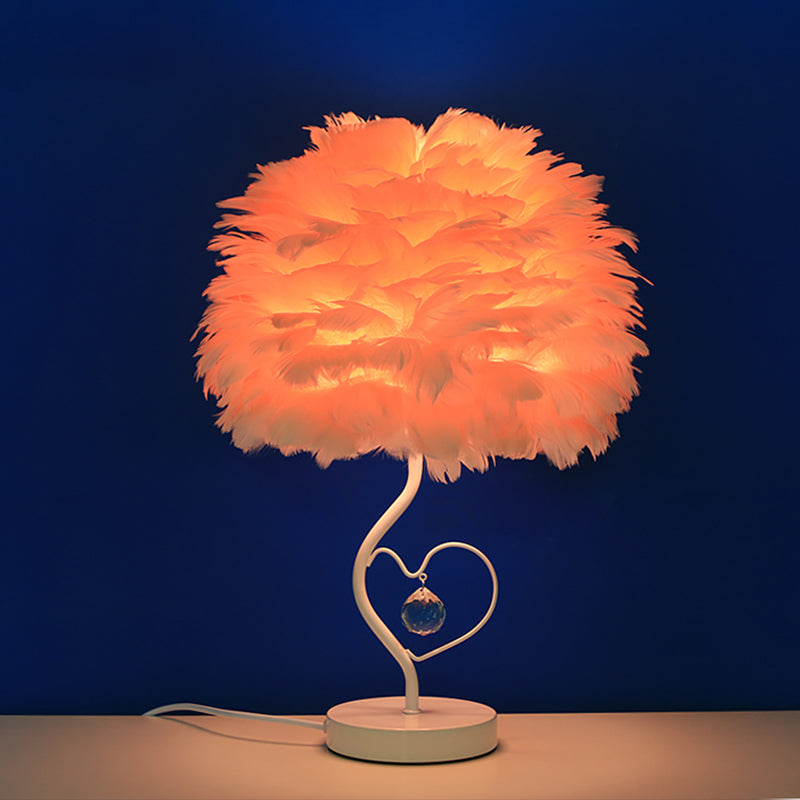 Modern Apricot/Blue/Orange Dome Night Table Light With Feather Shade & Heart Frame - Crystal Orb