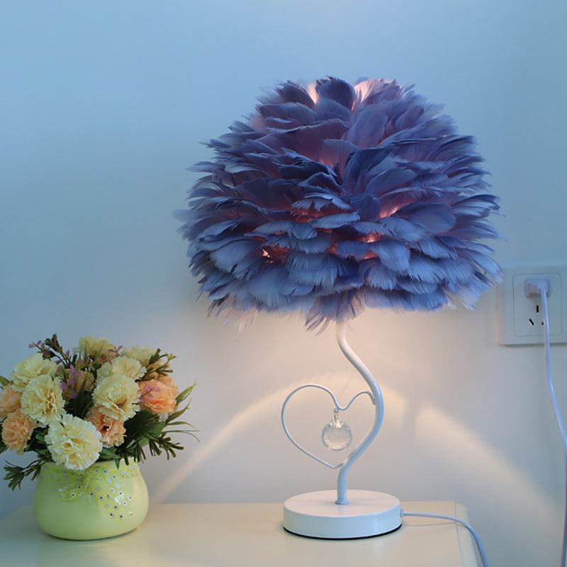 Modern Apricot/Blue/Orange Dome Night Table Light With Feather Shade & Heart Frame - Crystal Orb