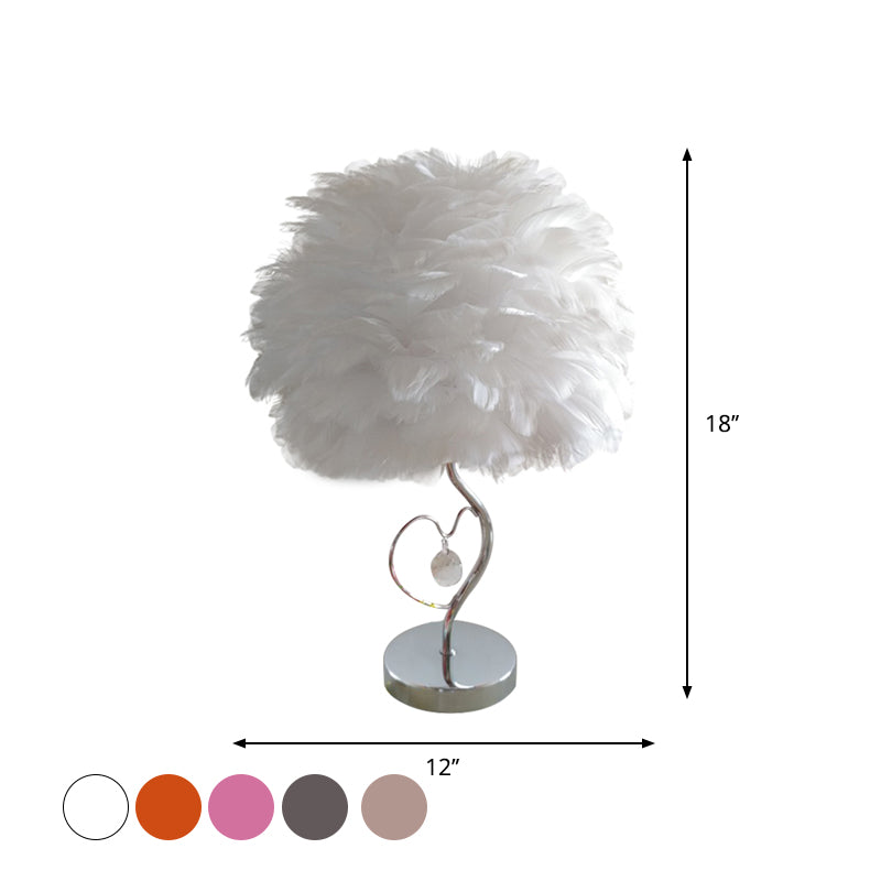 Nordic Grey/Orange/Pink Bedroom Night Lamp - 1-Light Table Light With Feather Shade And Crystal
