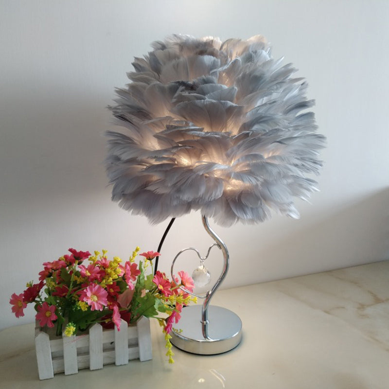 Nordic Grey/Orange/Pink Bedroom Night Lamp - 1-Light Table Light With Feather Shade And Crystal