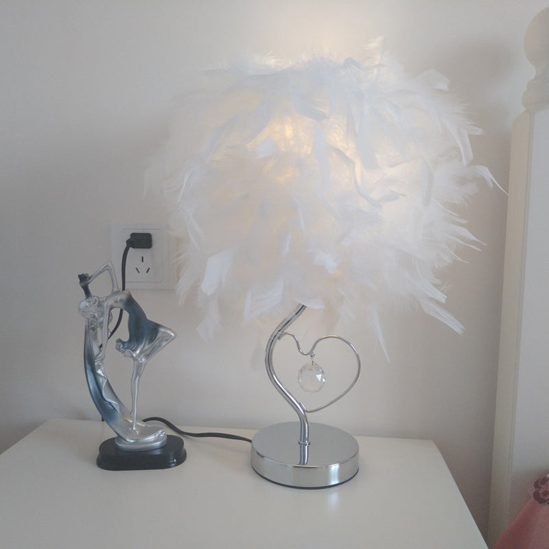 Nordic Loving Heart Night Light Feather Table Lamp In Red/Blue/White - Crystal Decor 1 Bulb For