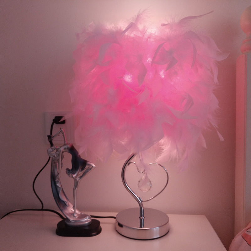 Nordic Loving Heart Night Light Feather Table Lamp In Red/Blue/White - Crystal Decor 1 Bulb For