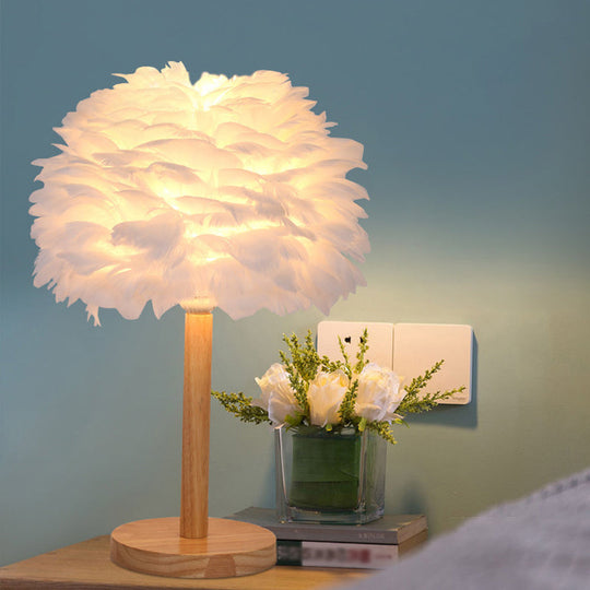 Nordic Feather Dome Nightstand Light - Pink/White/Grey With Wood Pole White