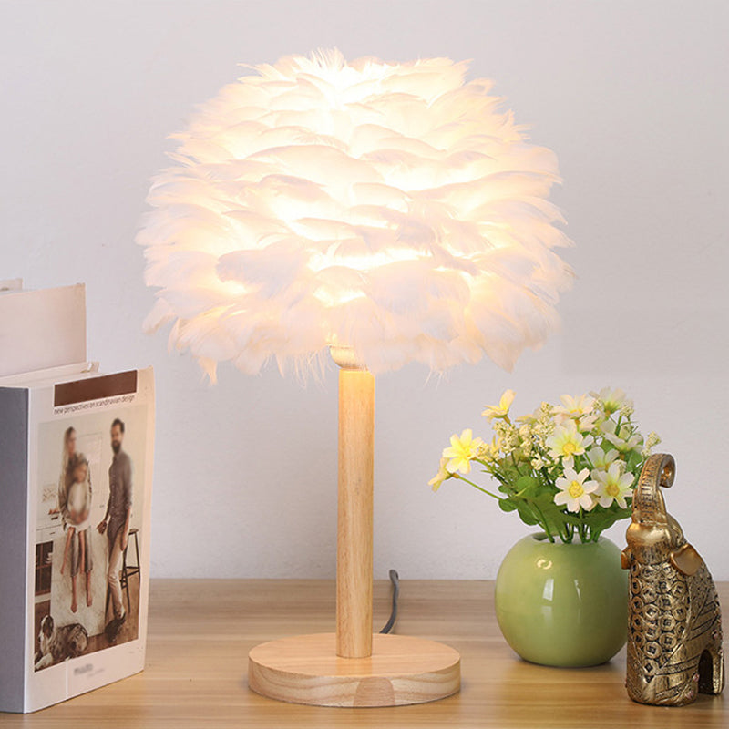 Nordic Feather Dome Nightstand Light - Pink/White/Grey With Wood Pole