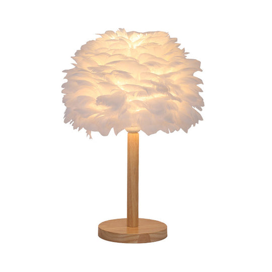 Nordic Feather Dome Nightstand Light - Pink/White/Grey With Wood Pole