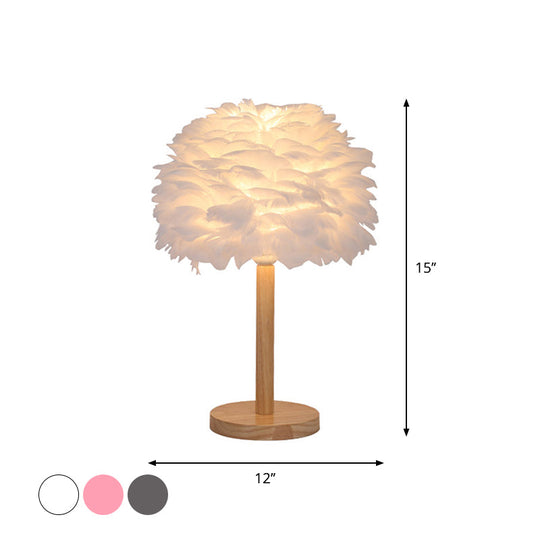 Nordic Feather Dome Nightstand Light - Pink/White/Grey With Wood Pole