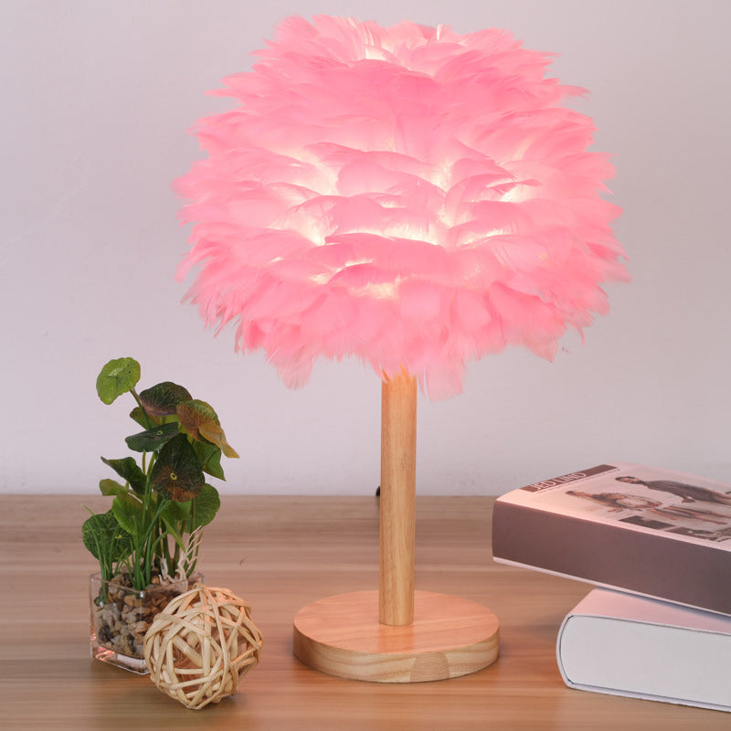 Nordic Feather Dome Nightstand Light - Pink/White/Grey With Wood Pole Pink