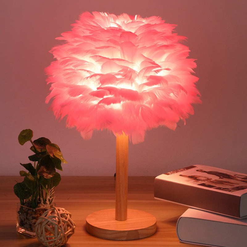 Nordic Feather Dome Nightstand Light - Pink/White/Grey With Wood Pole