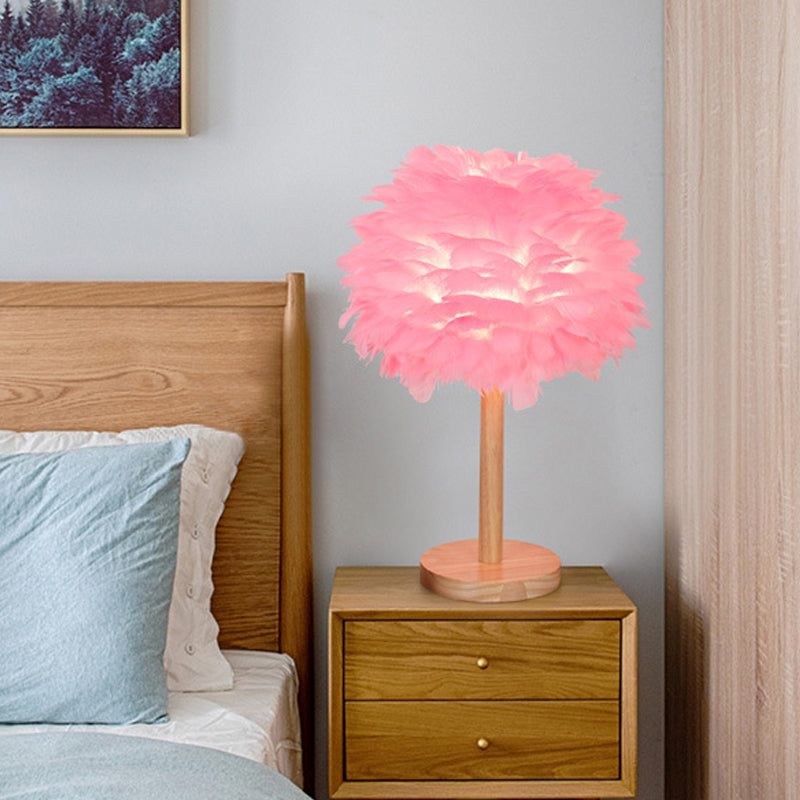 Nordic Feather Dome Nightstand Light - Pink/White/Grey With Wood Pole