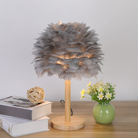 Nordic Feather Dome Nightstand Light - Pink/White/Grey With Wood Pole Grey