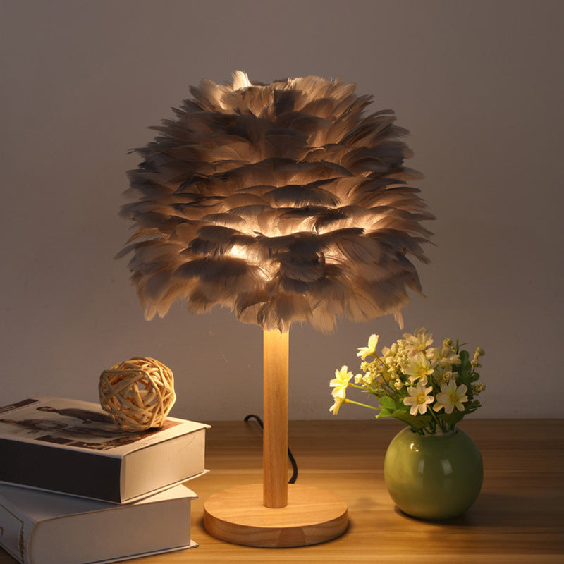 Nordic Feather Dome Nightstand Light - Pink/White/Grey With Wood Pole