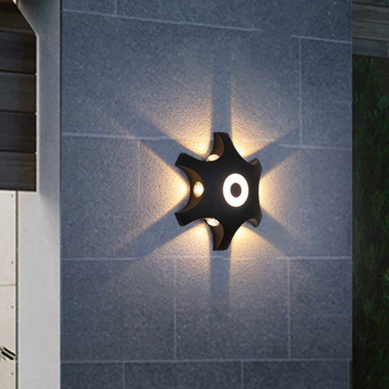 Modern Snowflake Outdoor Led Wall Light- Plastic 6-Bulb Flush Mount Sconce In Black- Warm/White