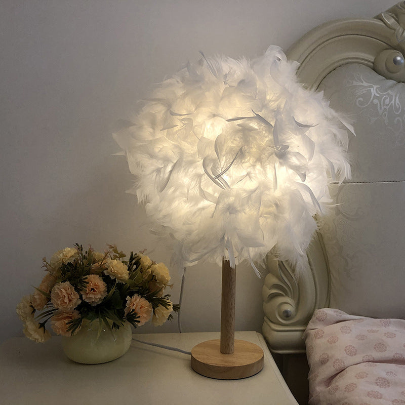 Nordic White Ball Nightstand Lamp With Feather Shade And Wood Base
