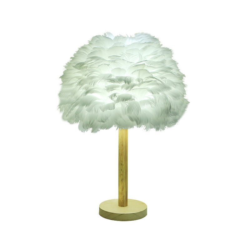 Modern Feather Flower Night Lamp: 1-Light Grey/Blue/Burgundy Wood Table Light For Bedroom White