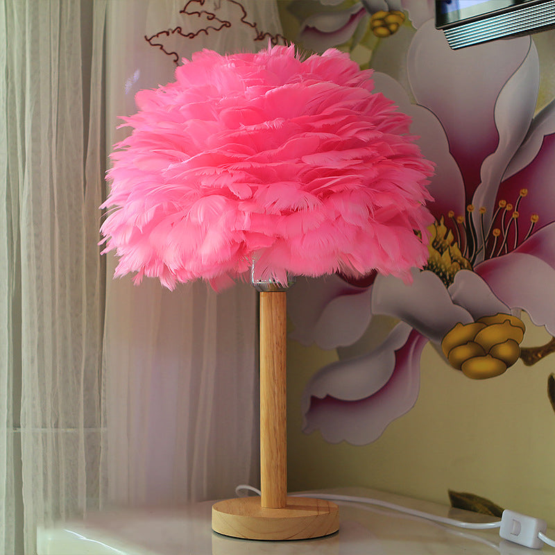 Modern Feather Flower Night Lamp: 1-Light Grey/Blue/Burgundy Wood Table Light For Bedroom Pink