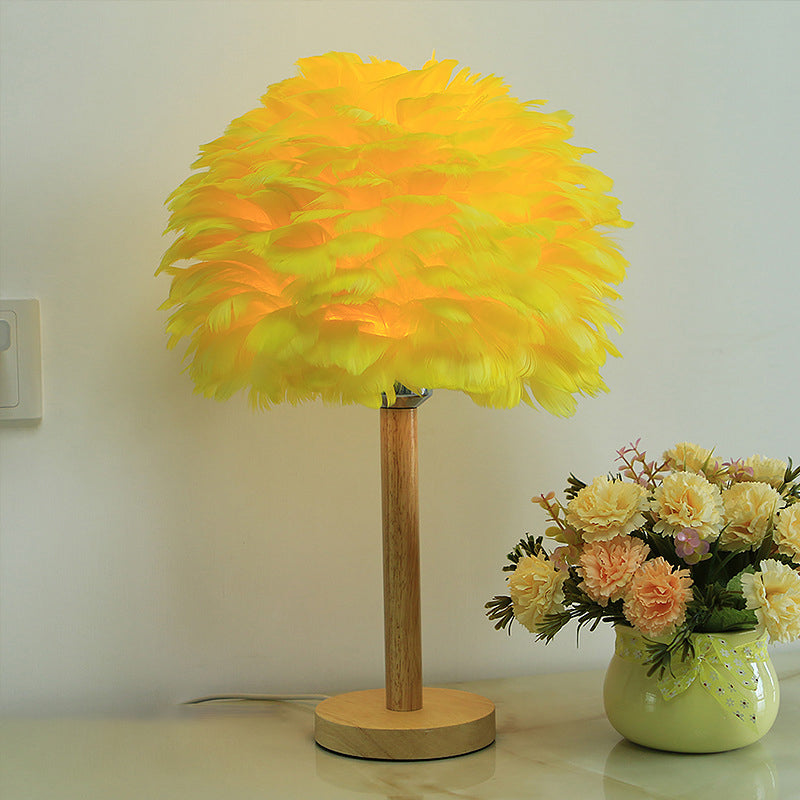 Modern Feather Flower Night Lamp: 1-Light Grey/Blue/Burgundy Wood Table Light For Bedroom Yellow