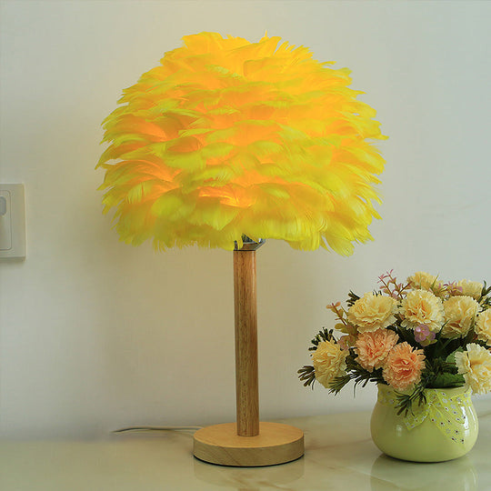 Modern Feather Flower Night Lamp: 1-Light Grey/Blue/Burgundy Wood Table Light For Bedroom Yellow