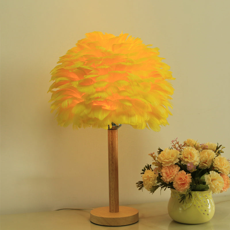 Modern Feather Flower Night Lamp: 1-Light Grey/Blue/Burgundy Wood Table Light For Bedroom