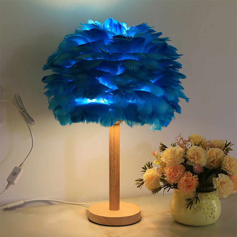 Modern Feather Flower Night Lamp: 1-Light Grey/Blue/Burgundy Wood Table Light For Bedroom Blue