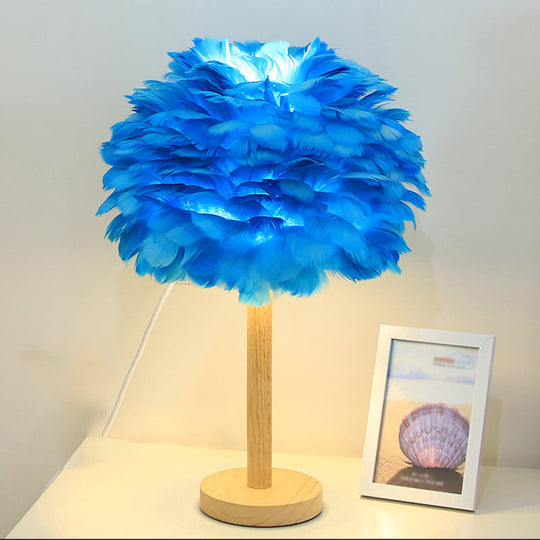 Modern Feather Flower Night Lamp: 1-Light Grey/Blue/Burgundy Wood Table Light For Bedroom