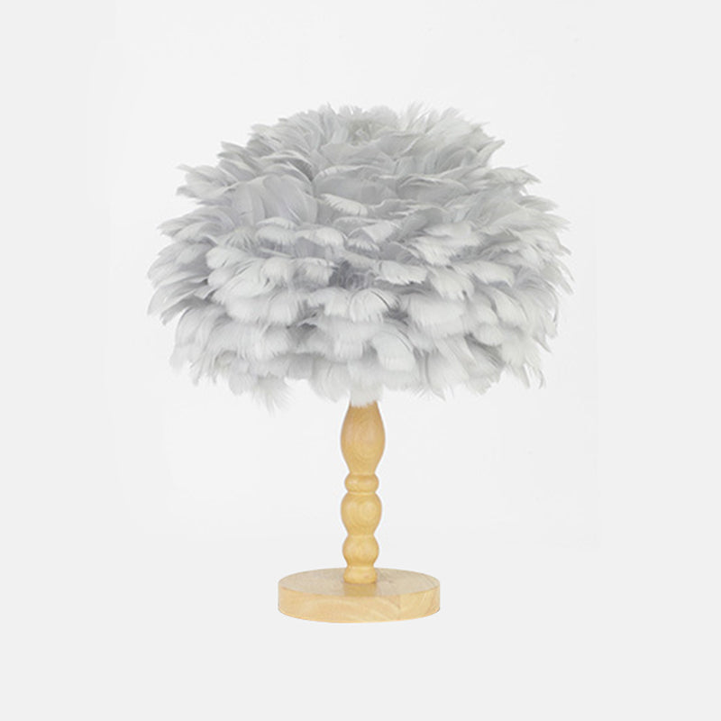 Wood Baluster Nightstand Lamp With Feather Dome Shade Grey/White