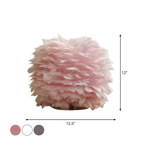 Nordic Sphere Night Lamp - Grey/White/Pink Single-Bulb Feather Table Stand Light For Living Room