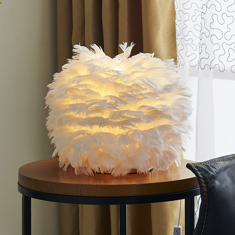 Nordic Sphere Night Lamp - Grey/White/Pink Single-Bulb Feather Table Stand Light For Living Room