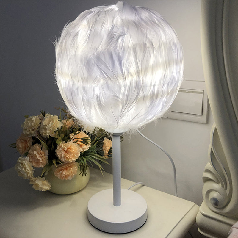 Handmade Nordic Style Feather Sphere Table Light - White/Pink/Rose Red Nightstand Lamp With Plug-In