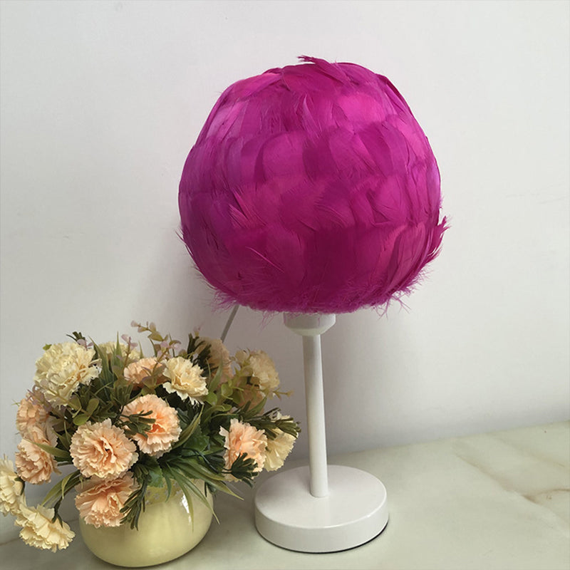 Handmade Nordic Style Feather Sphere Table Light - White/Pink/Rose Red Nightstand Lamp With Plug-In