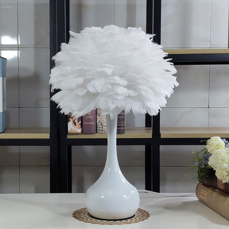 Modern 1-Bulb Goose Feather Night Light Table Lamp - Teardrop Base Natural Grey/White/Pink White
