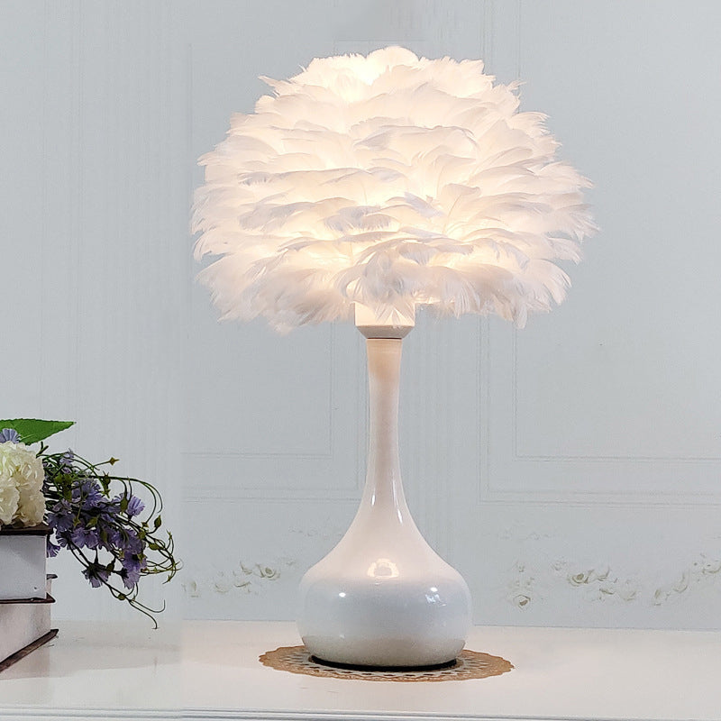 Modern 1-Bulb Goose Feather Night Light Table Lamp - Teardrop Base Natural Grey/White/Pink