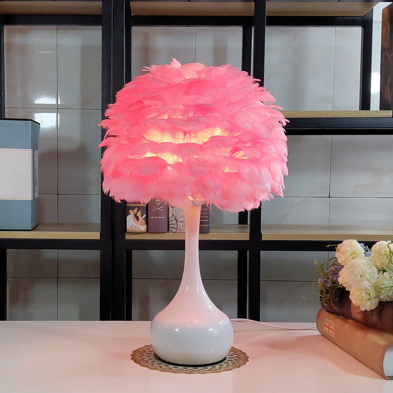 Modern 1-Bulb Goose Feather Night Light Table Lamp - Teardrop Base Natural Grey/White/Pink Pink