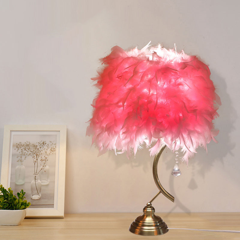Contemporary White/Pink Tapered Table Lamp With Feather Shade And Crystal Drop Pink