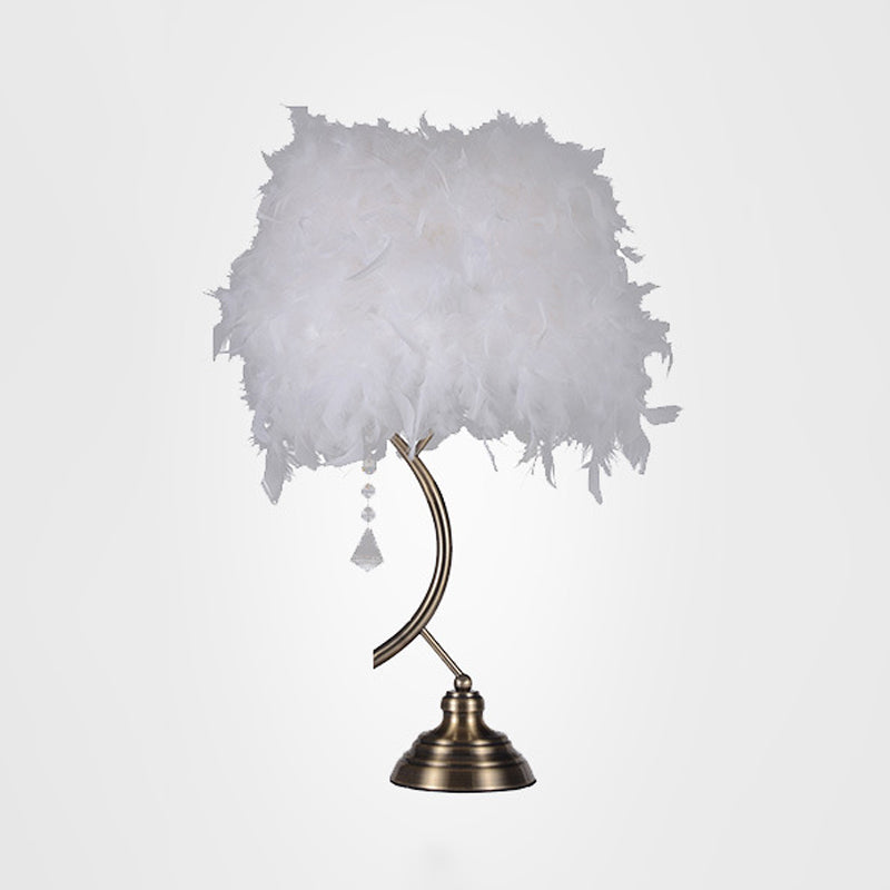 Contemporary White/Pink Tapered Table Lamp With Feather Shade And Crystal Drop