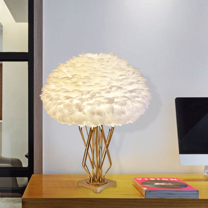 Rasalas - Feather Half-Globe Feather Table Lamp Post-Modern Single White and Brass Night Light with Open Urn Shaped Base