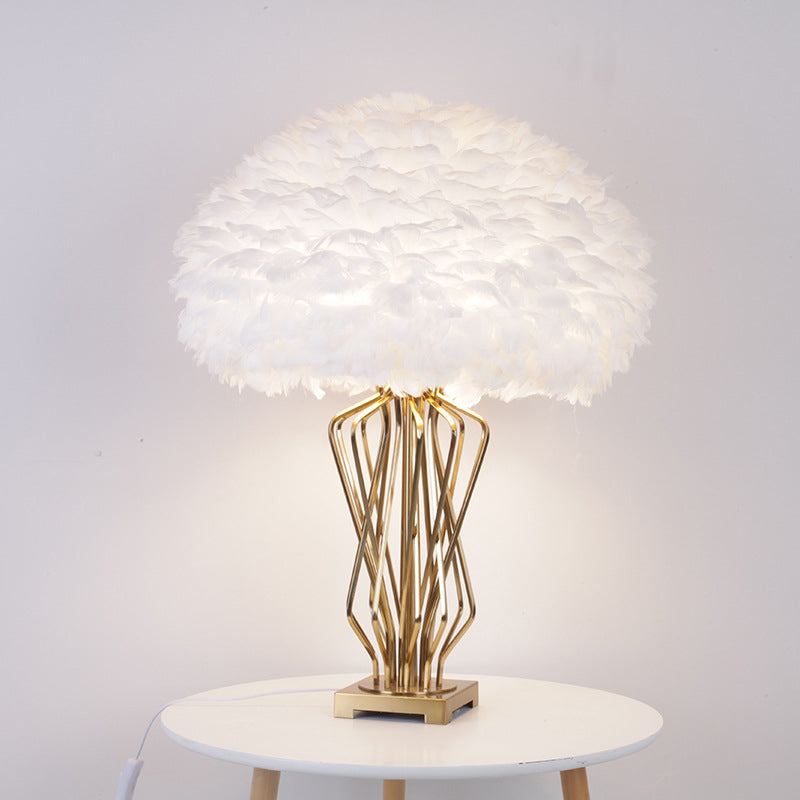Rasalas - Feather Half-Globe Feather Table Lamp Post-Modern Single White and Brass Night Light with Open Urn Shaped Base