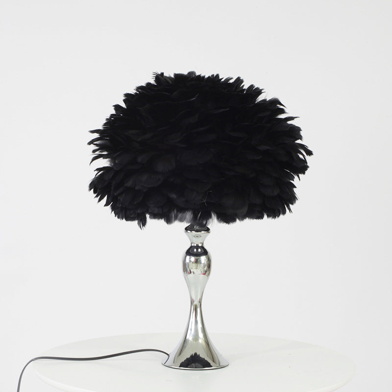 Modern Black/Purple Dome Night Lamp With Feather Table Light And Chrome Baluster Base