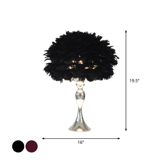 Modern Black/Purple Dome Night Lamp With Feather Table Light And Chrome Baluster Base