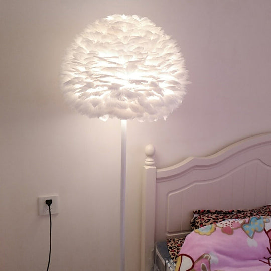 Modern Feather Stand Up Lamp - 18/21.5 Wide Dome Floor Light For Living Room In White/Pink/Orange