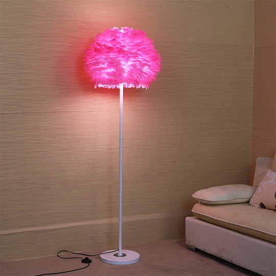 Modern Feather Stand Up Lamp - 18/21.5 Wide Dome Floor Light For Living Room In White/Pink/Orange