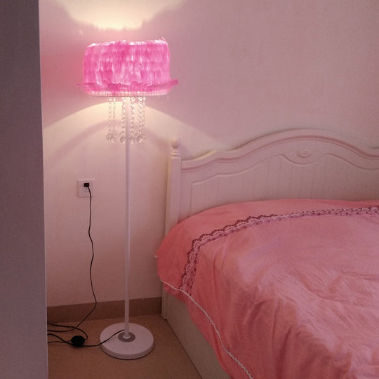 Nordic Feather Floor Lamp With Crystal Orbs - Apricot/White/Pink Lotus Design Pink