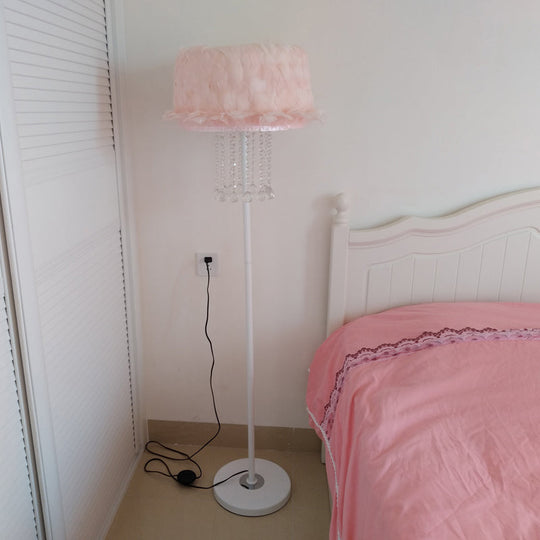 Nordic Feather Floor Lamp With Crystal Orbs - Apricot/White/Pink Lotus Design