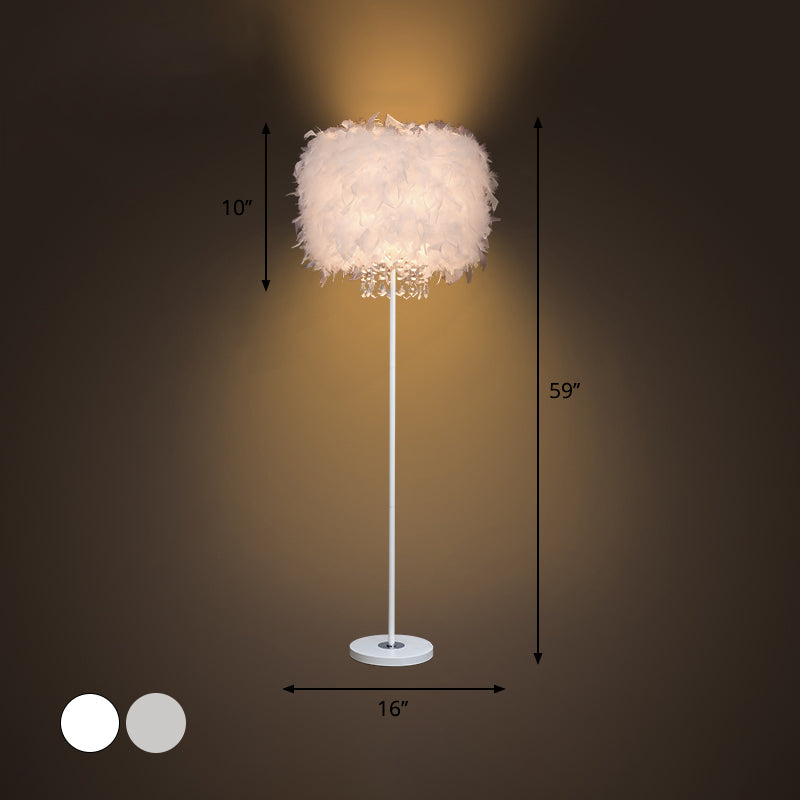 Minimalist White/Chrome Living Room Floor Lamp - Single-Bulb Standing Light With Feather Shade