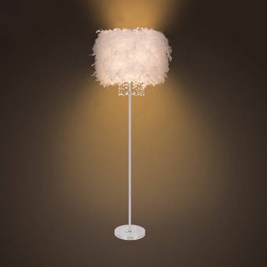 Minimalist White/Chrome Living Room Floor Lamp - Single-Bulb Standing Light With Feather Shade