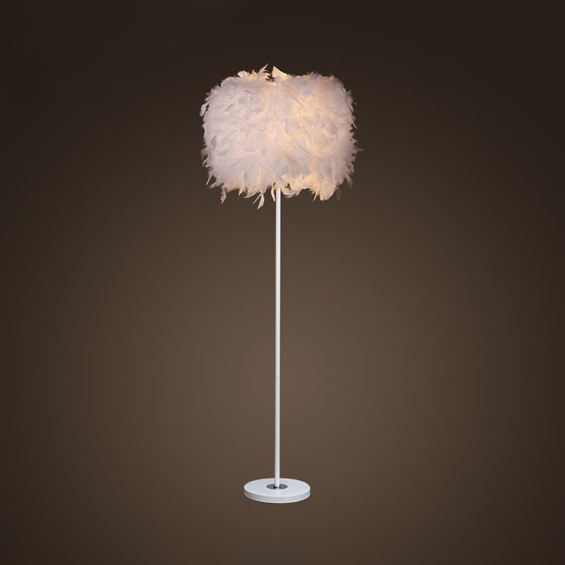 Minimalist White/Chrome Living Room Floor Lamp - Single-Bulb Standing Light With Feather Shade